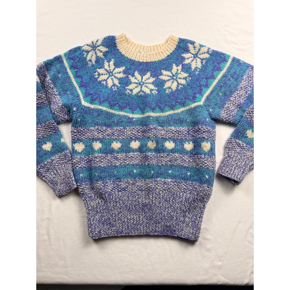 Nils Fair Isle Snowflake Knit Sweater Womens S Blue Vintage Wool Heart Ski